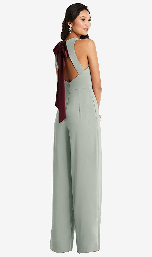 Front View - Willow Green & Cabernet Cutout Open-Back Halter Jumpsuit with Scarf Tie