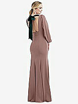 Front View Thumbnail - Sienna & Evergreen Bishop Sleeve Open-Back Trumpet Gown with Scarf Tie