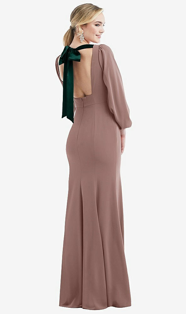 Front View - Sienna & Evergreen Bishop Sleeve Open-Back Trumpet Gown with Scarf Tie