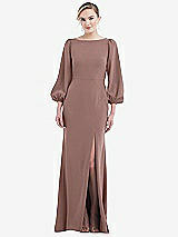 Rear View Thumbnail - Sienna & Evergreen Bishop Sleeve Open-Back Trumpet Gown with Scarf Tie