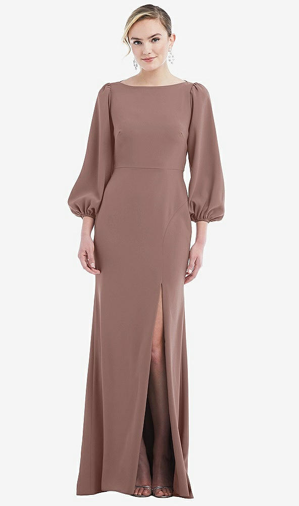 Back View - Sienna & Evergreen Bishop Sleeve Open-Back Trumpet Gown with Scarf Tie