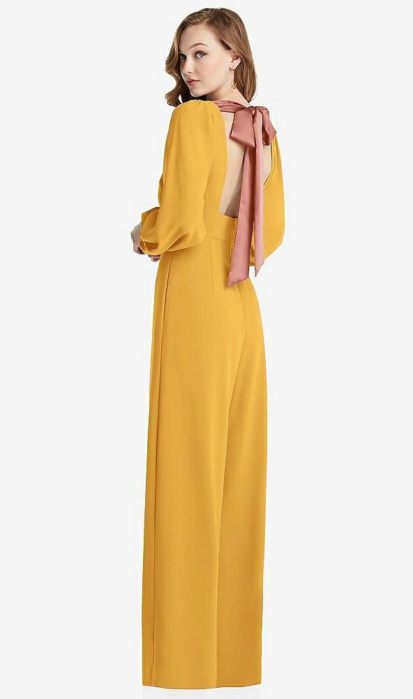Front View - NYC Yellow & Desert Rose Bishop Sleeve Open-Back Jumpsuit with Scarf Tie