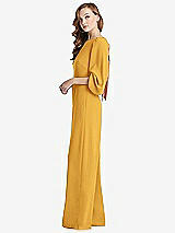 Side View Thumbnail - NYC Yellow & Desert Rose Bishop Sleeve Open-Back Jumpsuit with Scarf Tie