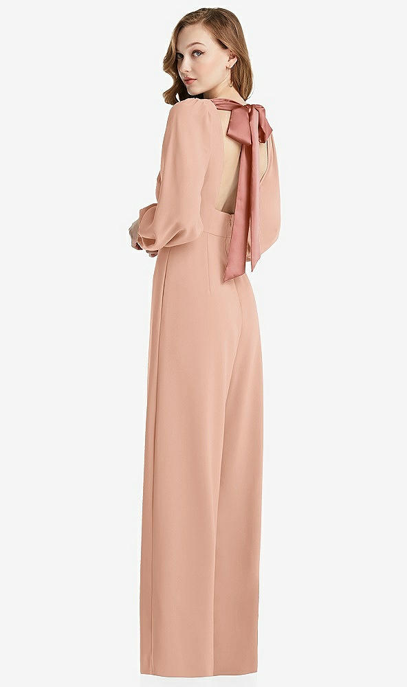 Front View - Pale Peach & Desert Rose Bishop Sleeve Open-Back Jumpsuit with Scarf Tie