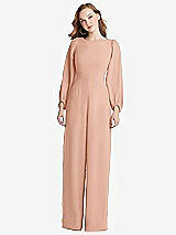 Rear View Thumbnail - Pale Peach & Desert Rose Bishop Sleeve Open-Back Jumpsuit with Scarf Tie