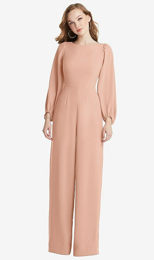 Back View - Pale Peach & Desert Rose Bishop Sleeve Open-Back Jumpsuit with Scarf Tie