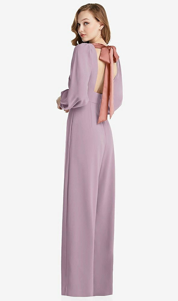Front View - Suede Rose & Desert Rose Bishop Sleeve Open-Back Jumpsuit with Scarf Tie