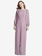 Rear View Thumbnail - Suede Rose & Desert Rose Bishop Sleeve Open-Back Jumpsuit with Scarf Tie