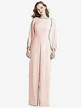 Rear View Thumbnail - Blush & Desert Rose Bishop Sleeve Open-Back Jumpsuit with Scarf Tie