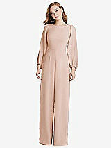 Rear View Thumbnail - Cameo & Desert Rose Bishop Sleeve Open-Back Jumpsuit with Scarf Tie