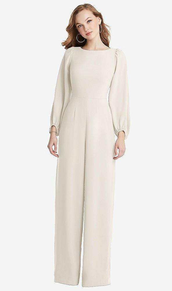 Back View - Ivory & Desert Rose Bishop Sleeve Open-Back Jumpsuit with Scarf Tie