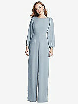 Rear View Thumbnail - Mist & Desert Rose Bishop Sleeve Open-Back Jumpsuit with Scarf Tie