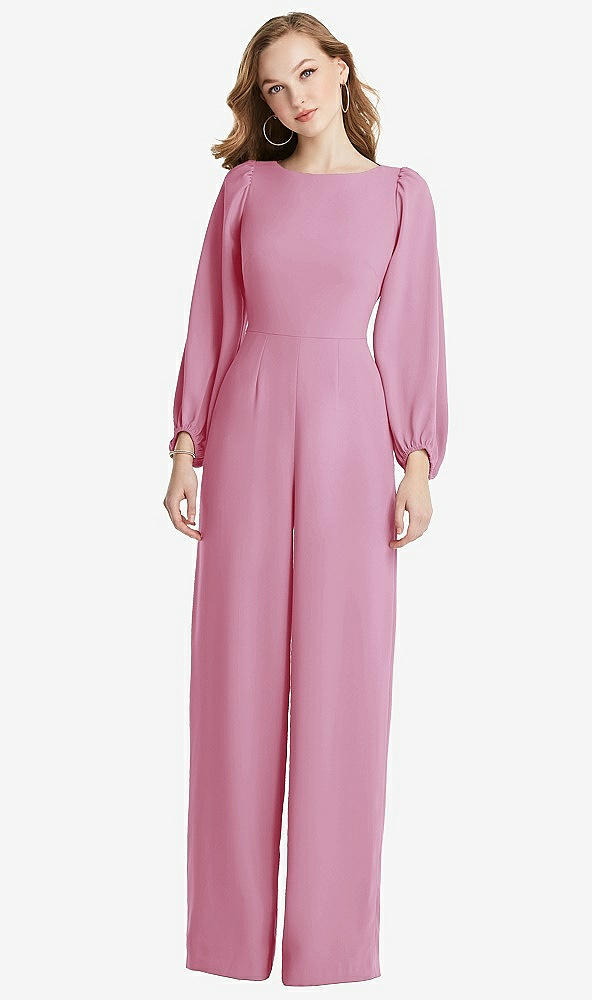 Back View - Powder Pink & Desert Rose Bishop Sleeve Open-Back Jumpsuit with Scarf Tie