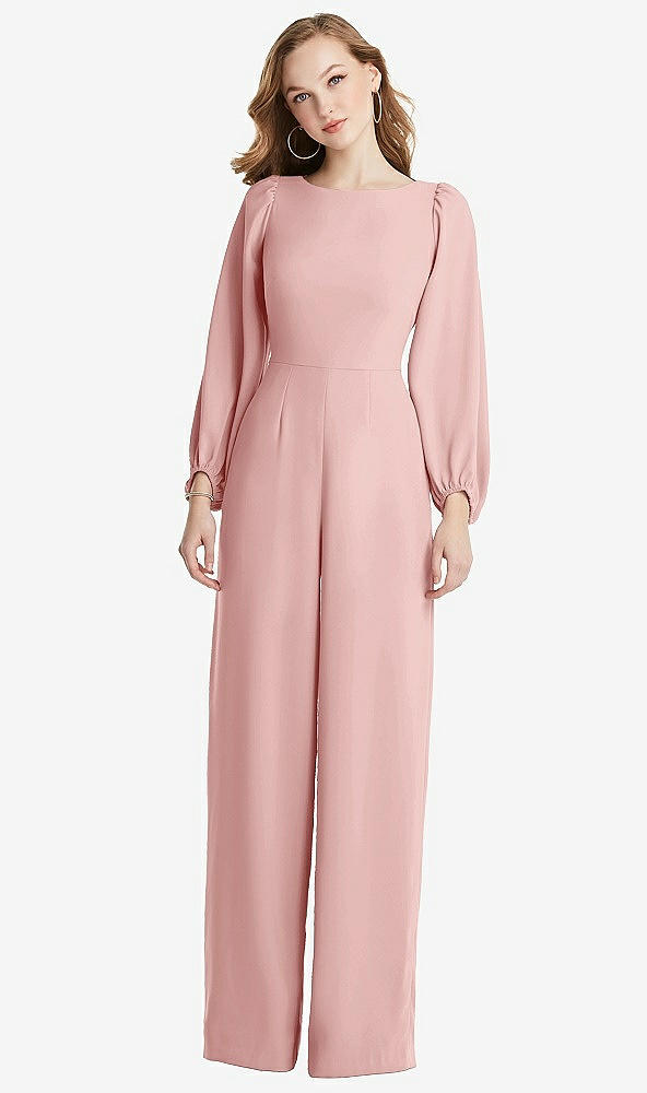 Back View - Rose & Desert Rose Bishop Sleeve Open-Back Jumpsuit with Scarf Tie