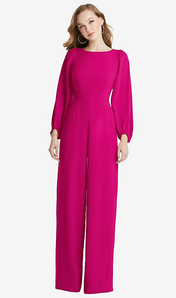 Back View - Think Pink & Desert Rose Bishop Sleeve Open-Back Jumpsuit with Scarf Tie