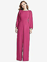 Rear View Thumbnail - Tea Rose & Desert Rose Bishop Sleeve Open-Back Jumpsuit with Scarf Tie