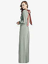 Alt View 1 Thumbnail - Willow Green & Desert Rose Bishop Sleeve Open-Back Jumpsuit with Scarf Tie