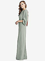 Side View Thumbnail - Willow Green & Desert Rose Bishop Sleeve Open-Back Jumpsuit with Scarf Tie
