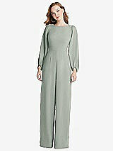 Rear View Thumbnail - Willow Green & Desert Rose Bishop Sleeve Open-Back Jumpsuit with Scarf Tie