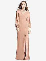 Alt View 1 Thumbnail - Pale Peach Long Puff Sleeve V-Neck Trumpet Gown