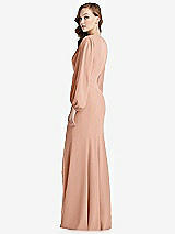 Alt View 3 Thumbnail - Pale Peach Long Puff Sleeve V-Neck Trumpet Gown
