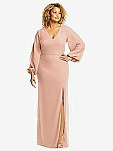 Front View Thumbnail - Pale Peach Long Puff Sleeve V-Neck Trumpet Gown