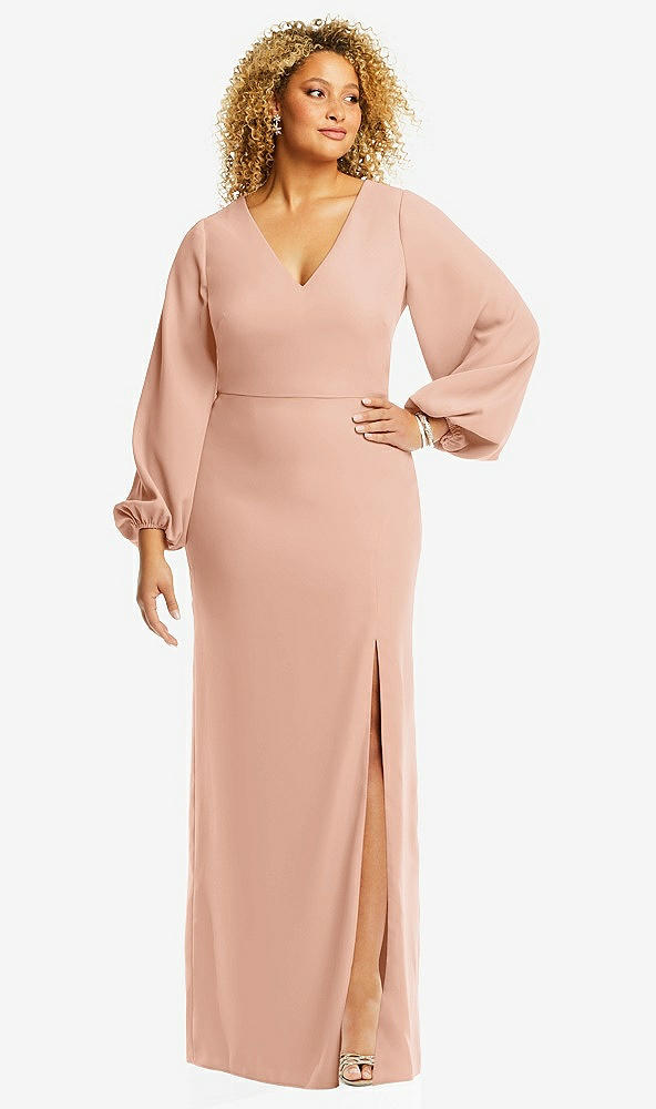 Front View - Pale Peach Long Puff Sleeve V-Neck Trumpet Gown