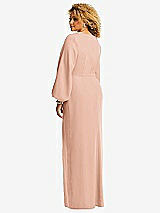 Rear View Thumbnail - Pale Peach Long Puff Sleeve V-Neck Trumpet Gown