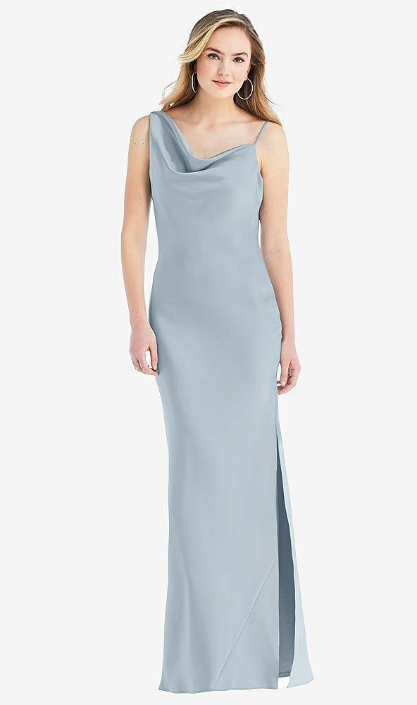 Front View - Mist Asymmetrical One-Shoulder Cowl Maxi Slip Dress