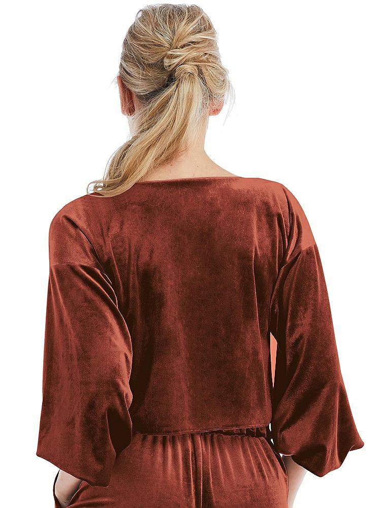 Back View - Auburn Moon Tie-Front Velvet Puff Sleeve Top - Poppy