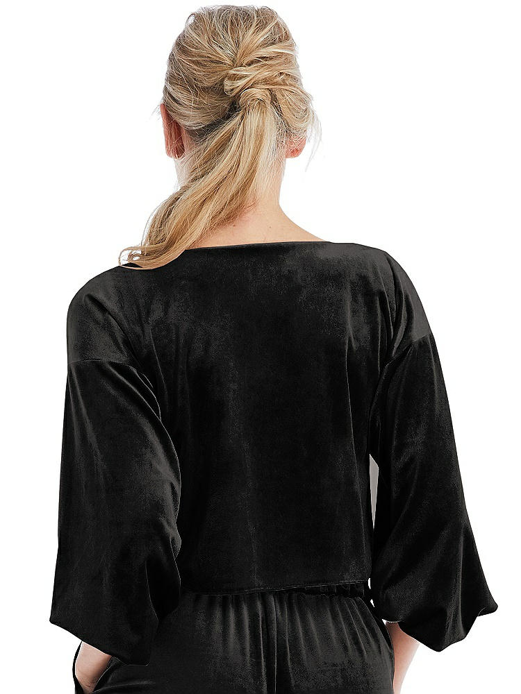 Back View - Black Tie-Front Velvet Puff Sleeve Top - Poppy