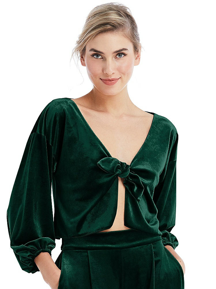 Front View - Evergreen Tie-Front Velvet Puff Sleeve Top - Poppy