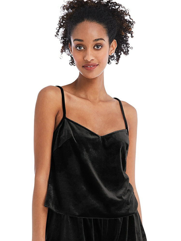Front View - Black Split Back Slim Strap Velvet Cami - Sari
