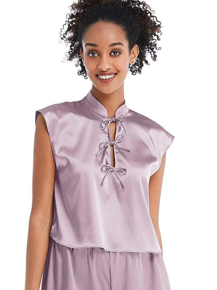 Front View - Suede Rose Satin Stand Collar Tie-Front Pullover Top - Remi