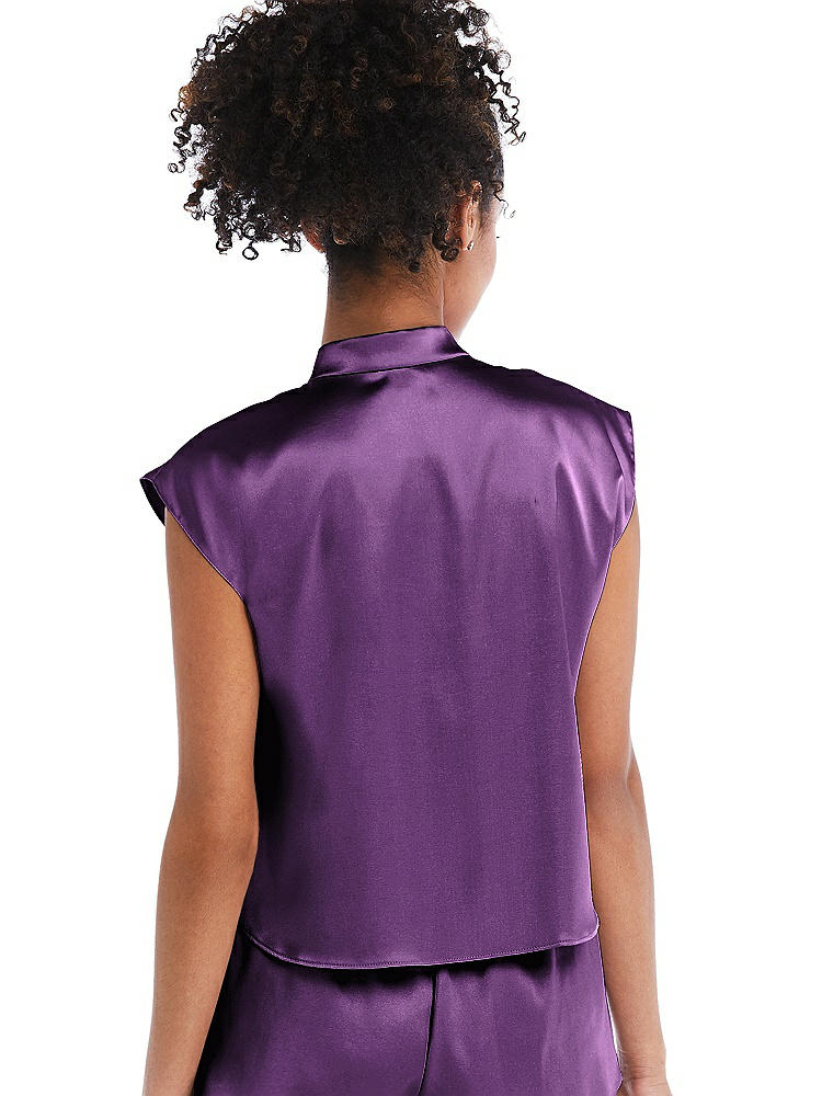 Back View - African Violet Satin Stand Collar Tie-Front Pullover Top - Remi