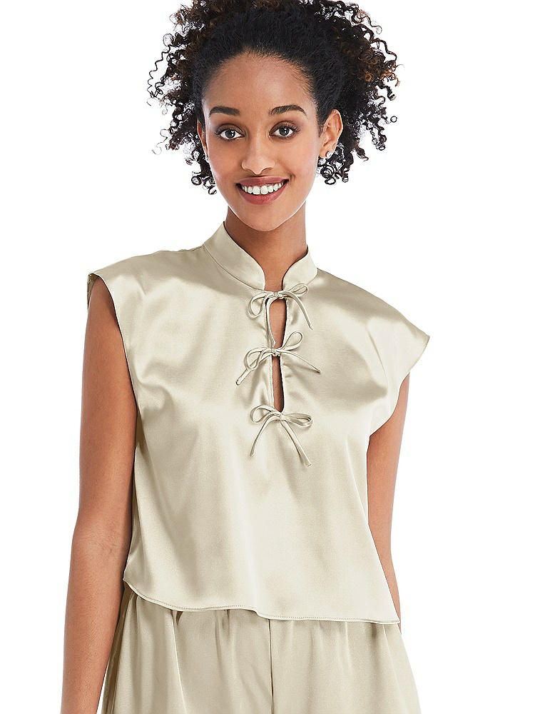 Front View - Champagne Satin Stand Collar Tie-Front Pullover Top - Remi
