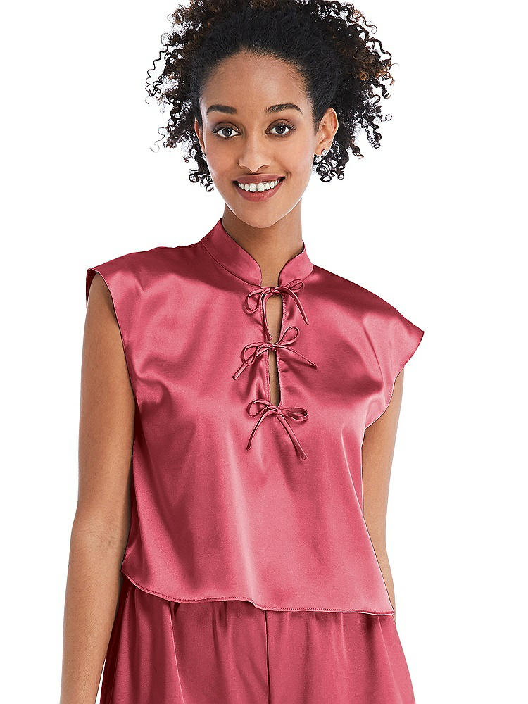 Front View - Nectar Satin Stand Collar Tie-Front Pullover Top - Remi