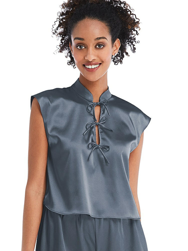 Front View - Silverstone Satin Stand Collar Tie-Front Pullover Top - Remi