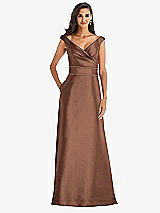 Front View Thumbnail - Cognac & Cognac Off-the-Shoulder Draped Wrap Satin Maxi Dress