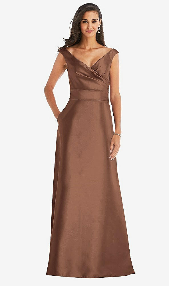 Front View - Cognac & Cognac Off-the-Shoulder Draped Wrap Satin Maxi Dress