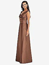 Side View Thumbnail - Cognac & Cognac Off-the-Shoulder Draped Wrap Satin Maxi Dress