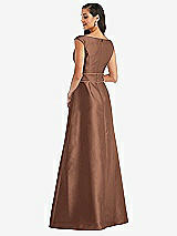 Rear View Thumbnail - Cognac & Cognac Off-the-Shoulder Draped Wrap Satin Maxi Dress