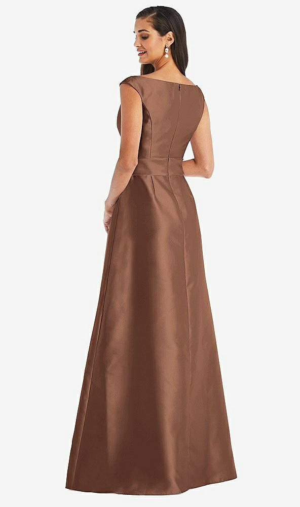 Back View - Cognac & Cognac Off-the-Shoulder Draped Wrap Satin Maxi Dress
