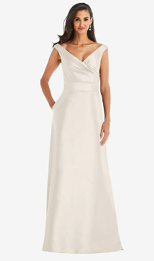 Front View - Ivory & Ivory Off-the-Shoulder Draped Wrap Satin Maxi Dress