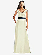 Front View Thumbnail - Butter Yellow & Midnight Navy Off-the-Shoulder Draped Wrap Satin Maxi Dress