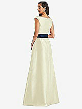 Rear View Thumbnail - Butter Yellow & Midnight Navy Off-the-Shoulder Draped Wrap Satin Maxi Dress