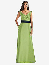 Front View Thumbnail - Mojito & Midnight Navy Off-the-Shoulder Draped Wrap Satin Maxi Dress