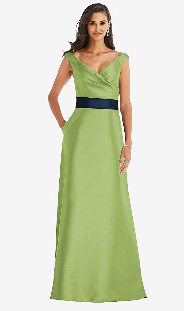 Front View - Mojito & Midnight Navy Off-the-Shoulder Draped Wrap Satin Maxi Dress