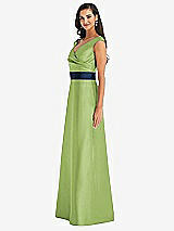 Side View Thumbnail - Mojito & Midnight Navy Off-the-Shoulder Draped Wrap Satin Maxi Dress