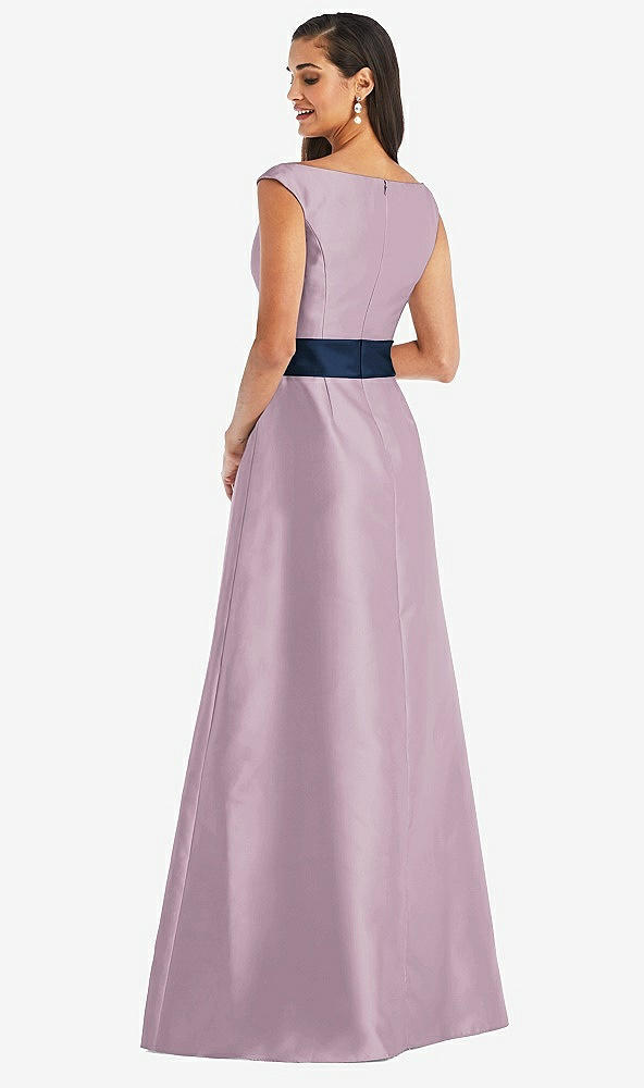 Back View - Suede Rose & Midnight Navy Off-the-Shoulder Draped Wrap Satin Maxi Dress